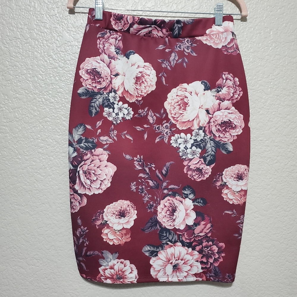 Dice Dark Pink Floral Print Midi Pencil Skirt Women's Size X-Small/Small